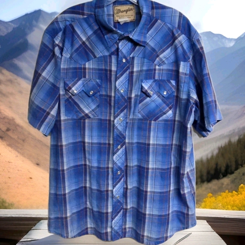 Pearl Snap Wrangler Men' Shirt LG Blue/Red Check Rancher Western Short Sleeve